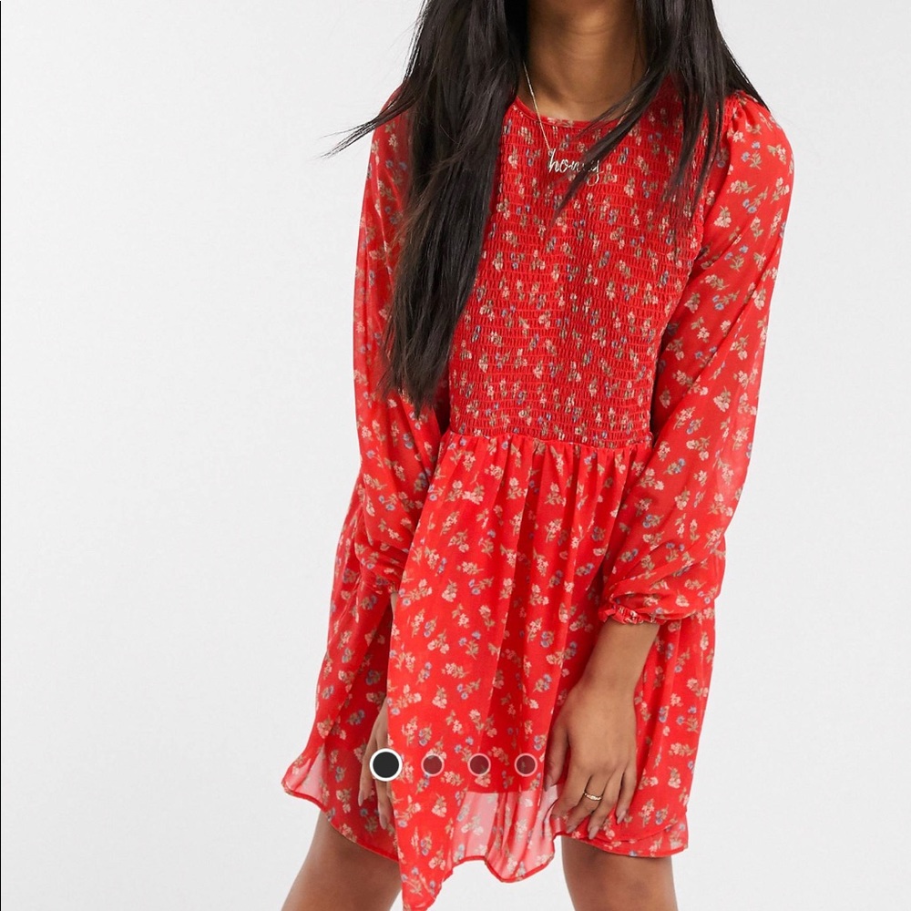 ASOS DESIGN Shirred Mini Smock Dress - Red Ditsy Floral - US 12 - $51